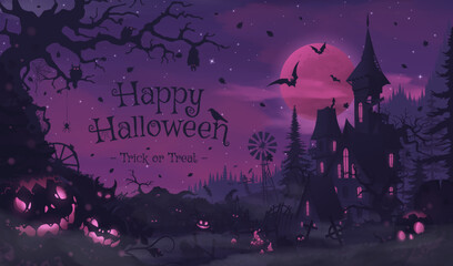 Happy halloween banner or party invitation background with violet fog clouds and pumpkins - obrazy, fototapety, plakaty