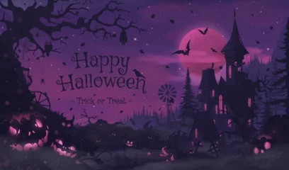 Foto auf Glas Fröhlicher Halloween-Banner oder Partyeinladungshintergrund mit violetten Nebelwolken und Kürbissen © Alice