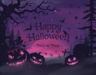 Fotobehang Happy halloween banner or party invitation background with violet fog clouds and pumpkins © Alice
