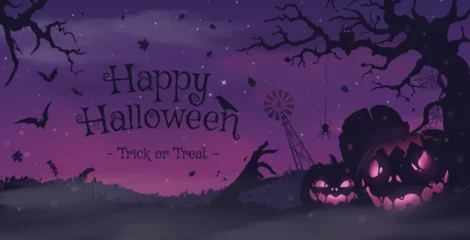 Deurstickers Happy halloween banner or party invitation background with violet fog clouds and pumpkins © Alice