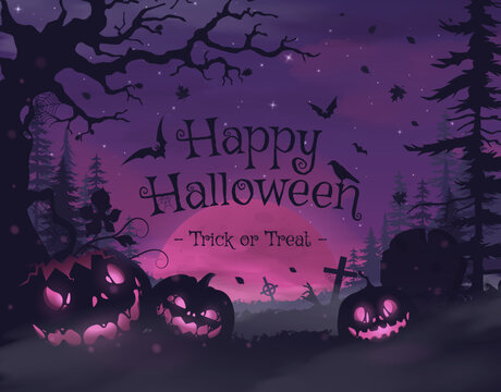 Happy halloween banner or party invitation background with violet fog clouds and pumpkins