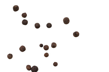 Fragrant, fragrant, fresh black peppercorns lies on a white background. Each pea is located separately on which the details are excellent. Macro shooting, texture details.White background.Top view.