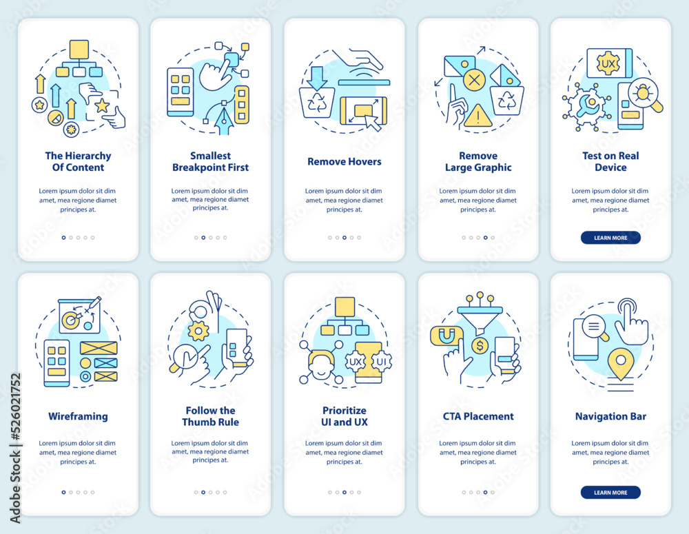 Wall mural mobile first design onboarding mobile app screen set. walkthrough 5 steps editable graphic instructi