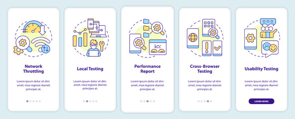Mobile first design testing onboarding mobile app screen. Walkthrough 5 steps editable graphic instructions with linear concepts. UI, UX, GUI template. Myriad Pro-Bold, Regular fonts used
