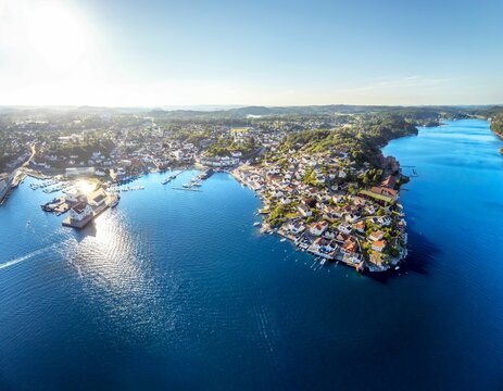 Aerial view of seaside Grimstad city in Agder County In Norway