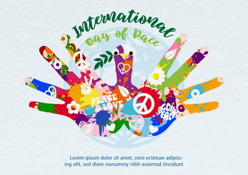 Hands of human make in a flying bird shape with colorful peace sign and colors splash, the day and name if event, example texts on global and light blue background.