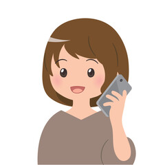 スマホで通話する 茶髪の女性 バストアップイラスト