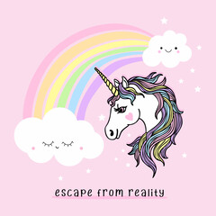 Escape from reality typographic slogan with unicorn,cloud,rainbow, stars for t-shirt prints vector, posters and other uses.