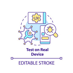 Test on real device concept icon. Errors research. Mobile first design process abstract idea thin line illustration. Isolated outline drawing. Editable stroke. Arial, Myriad Pro-Bold fonts used