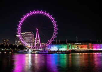 Night view of a colorful London eye with the Cruise river reflecting it - obrazy, fototapety, plakaty