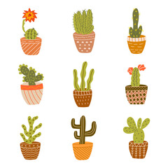 Set of adorable cacti in pots. Collection of exotic plants. Colorful vector isolated doodle illustration. Hand drawn print, icon flower