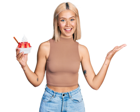 Beautiful young blonde woman eating strawberry ice cream celebrating achievement with happy smile and winner expression with raised hand