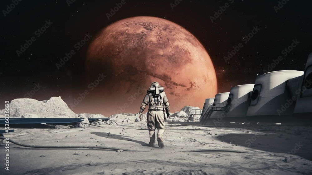 Wall mural astronaut in a space suit walking on the moon's surface towards the mars