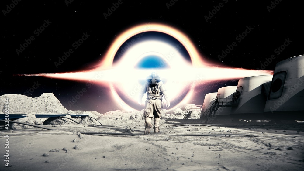 Wall mural astronaut in a space suit walking on the moon's surface towards the black hole