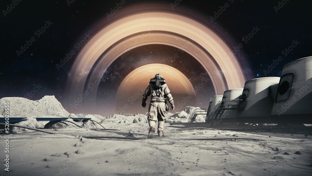Wall mural astronaut in a space suit walking on the moon's surface towards the saturn