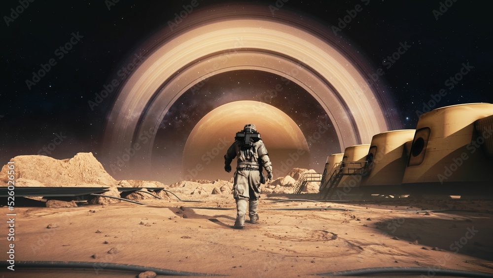 Wall mural astronaut in a space suit walking on the moon's surface towards the saturn
