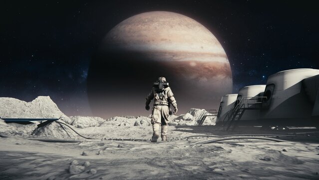 Astronaut in a space suit walking on the moon's surface towards the Jupiter