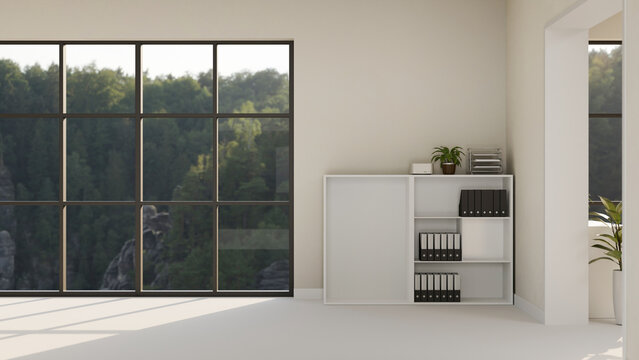 Modern Minimal Empty Office Room With Files Cabinet And Empty Space On Over The Large Window