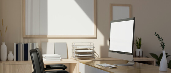 Minimal comfortable office workspace with PC computer mockup and office supplies on wood table