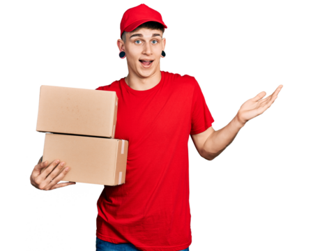 Young caucasian boy with ears dilation holding delivery package celebrating achievement with happy smile and winner expression with raised hand