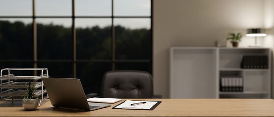 Naklejka premium Modern office room interior design with minimal wood office desk, laptop and office supplies.