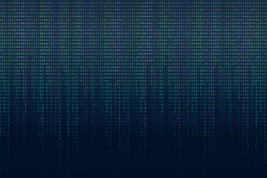 Binary code abstract technology. Wallpaper of binay data falling from top. Drack blue back. Safe digital data concept.