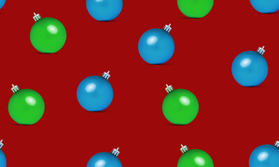 Seamless pattern of blue and green Christmas decorations on a red background