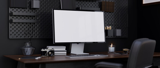 Modern hipster dark office workspace with desktop computer mockup and accessories on the table