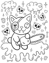 Kawaii cat. Coloring book for children. Coloring book for adults. Halloween coloring page. Horror. Kawaii. Black and white