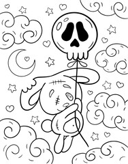 Kawaii coloring page. Rabbit flying. Black and white illustration. Coloring book for Halloween. Coloring book for children and adults. Spooky coloring page