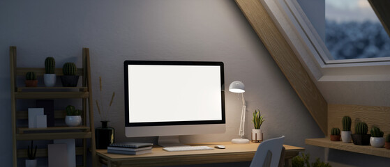 Minimal Scandinavian home workplace at night in the attic room with desktop computer mockup