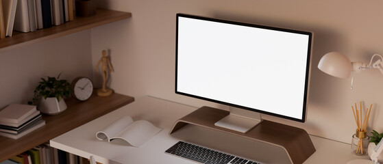 Comfortable and minimal home working space with computer mockup and wall shelves with decor.