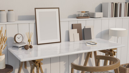 Cozy minimal Scandinavian white home working room interior design with picture frame mockup