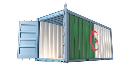Cargo Container with open doors and Algeria national flag design. 3D Rendering