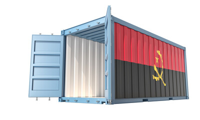 Cargo Container with open doors and Angola national flag design. 3D Rendering