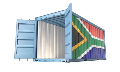 Cargo Container with open doors and South Africa national flag design. 3D Rendering