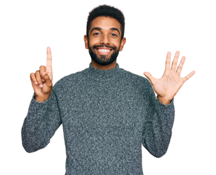 Young african american man wearing casual clothes showing and pointing up with fingers number six while smiling confident and happy.