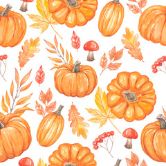 Watercolor autumn pattern with pumpkin. High quality photo