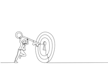 Drawing of businesswoman putting huge key into bullseye target key hold to unlock business success. Metaphor for target, KPI, achievement. Single continuous line art