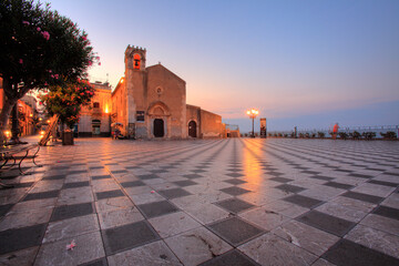 Piazza IX Aprile, Taormina and Sant'Agostino church, Sicily, Italy
