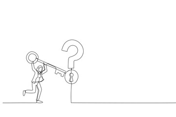 Cartoon of smart businesswoman holding big key to unlock keyhole on question mark sign. Metaphor for solution or reason to solve problem and wisdom. Continuous line art style