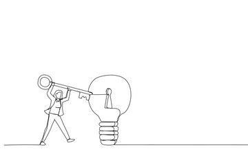 Illustration of smart businesswoman holding big key about to insert into key hold on lightbulb idea lamp. Metaphor for business idea, invention and creativity. One continuous line art style