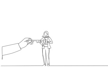 Cartoon of coach holding success key to unlock employee keyhole. Metaphor for coaching, training, and mentoring. Continuous line art style