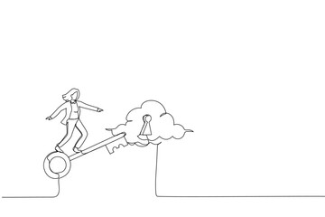 Drawing of smart businesswoman riding flying golden key to discover success keyhole. Metaphor for discovering success, unlock secret creativity to achieve business target. Single line art style
