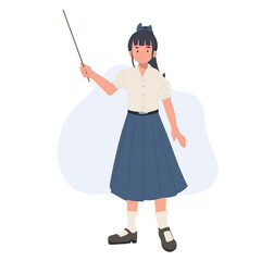 Asian student in school uniform. Thai student girl is holding a pointer. education presentation concept. vector illustration