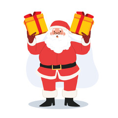 Happy Santa claus is holding gift box. Vector illustration.