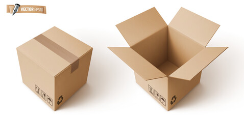 Vector realistic illustration of brown cardboard boxes on a white background. - obrazy, fototapety, plakaty