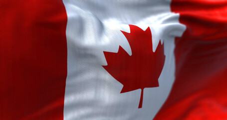 Close-up view of the canadian national flag waving in the wind