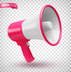 Vector realistic illustration of a pink and white megaphone on a transparent background.