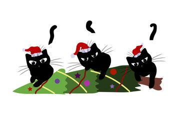 Set of cats in Santa Claus hats. Domestic kitten. Black silhouette of cat head. Tatoo, print.
